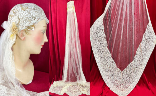 New ListingVintage 30s Long Wedding Veil + Cap Handmade Bobbin Lace Flowers Juliet