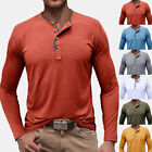 Mens Henley T Shirt Grandad Button V Neck Autumn Casual Long Sleeve Shirts Tops