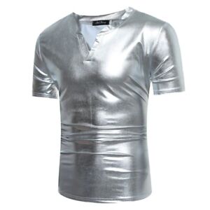 Men's Metallic Coated V-Neck T-shirt Streetwear Hip Hop Nightclub Masculine Top