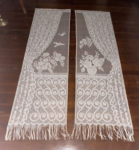 2 VTG  White Crocheted Lace Curtains -Cottage Drapery, Roses &Bird Scenes/Fringe
