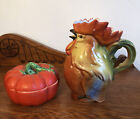 Vintage Hand Painted Ceramic Rooster Pitcher Germany & Tomato Dish w/lid No Mark