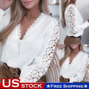 Womens V Neck Lace Top Shirt Ladies Office Work Hollow Long Sleeve Casual Blouse