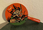 VTG Halloween Witch Broom Cat Pumpkin Tin Wood Rattle Noisemaker US Metal Toy Co