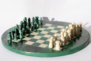 Malachite & Granite Gemstone Inlay Chess Board & Pieces hand carved, 8.25