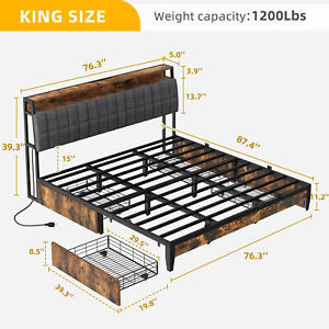 Queen Size Bed Frame Metal Platform Bed with Storage Drawers Headboard USB Ports