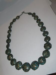 Antique 1920s 25 Bead Tibetan Turquoise Inlay Silver Graduated Necklace (135S)