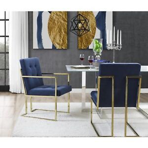 Square Back Arm Upholstered Dining Chair Set of 2 PU Leather or Velvet Fabric
