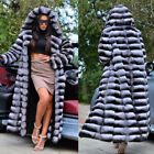 Women Chinchilla 130cm Long Warm Real Rex Rabbit Fur Coat Hooded Thick Outwear