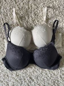 AMBRIELLE WOMEN'S PUSH-UP PLUNGE BRA SIZE 36C Lot Of 2 Sexy Black And Cream Lace
