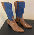 Worthington Point Toe Denim Brown Leather Boots Size 7.5 Vintage Retro Mid Calf