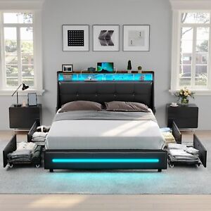 Full/Queen Size LED Upholstered Bed Frame with 4 Drawers & Storage Shelves Black