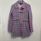 Taunt Women Pastel Pink Blue Wool Blend Houndstooth Trench Coat Peacoat Sz M Y2K