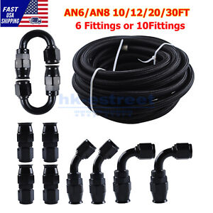 6AN-8AN Black Nylon PTFE Fuel Line 10/12/20/30FT w/6 or 10 Fittings Hose Kit E85
