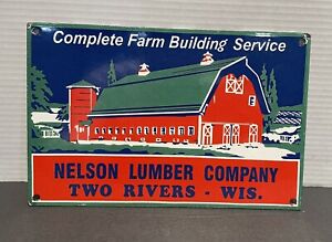NELSON LUMBER TWO RIVERS WISCONSIN PORCELAIN METAL SIGN GAS OIL FARM BARN COW IH