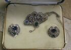 Silver Filigree Earrings Floral Fan Brooch Sterling Necklace Colored Rhinestones