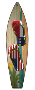North Carolina and US Flag Flip Flop Novelty Metal Surfboard Sign - DS