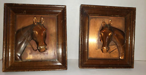Vintage Copper Metal Equestrian Horse Heads In Relief 3D Framed ART Set of 2