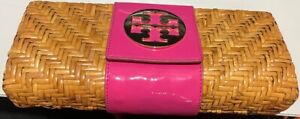 BRAND NEW TORY BURCH CLUTCH WOVEN PINK PATENT LEATHER WICKER RATTAN BROWN BASKET