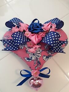 NAVY CABBAGE ROSES NAVY PINK ROSE BEAUTIFUL DECORATIVE  BIG HEART ORNAMENT