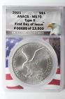 2021 Silver American Eagle Type 2 ANACS MS70 First Day of Issue Flag Label $1