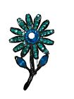 CAPRI Signed Aqua Cobalt Blue Rhinestone Flower Brooch Vintage Black Enamel Back