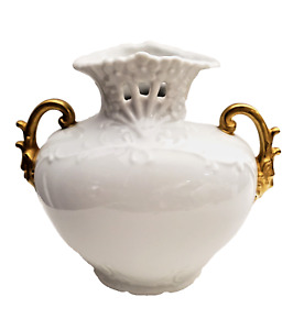 French Style Porcelain Pillow  Vase White & Gold  with  Mask Face Handles  6