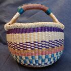 African Bolga Market Basket Hand Woven Grass Leather Sewn Handle Multicolored