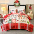 Christmas Quilt Set Xmas Tree Snowflake Reindeer Patchwork Queen Size Red Plaid
