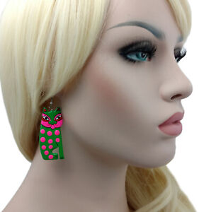 Handpainted Green Neon Pink Stylized Cat Art Dangle Drop Earrings 2 3/4