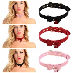 Fashion Punk Gothic PU Leather Bow Tie Neck Bell Collar Choker Necklace Women