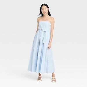 Women's Belted Midi Bandeau Dress - A New Day Blue/White Striped 8