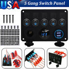 5 Gang 12V/24V Inline Fuse Box Blue LED Switch Panel Dual USB Car Boat Marine
