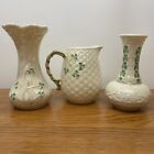 3 Irish Belleek Flower Vases And Pitcher Shamrock Pattern Cream Color Vintage