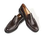 Firenze Atelier Men's Polished Brown Leather Apron Toe Penny Loafers Slip-Ons