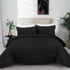 Black Seersucker Comforter Set King 3 Pieces 1 Solid Comforter +2 Pillowcases...