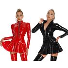 US Womens Wet Look Shiny PVC Leather Short Flared Dress Zipper Party Clubwear