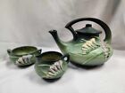 Roseville Freesia Green 1945 Art Pottery Teapot, Sugar Bowl, Creamer Tea Set 6