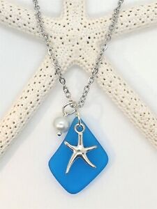 Sea Glass Necklace Jewelry w/ Turquoise Blue Pendant & Starfish, Handcrafted