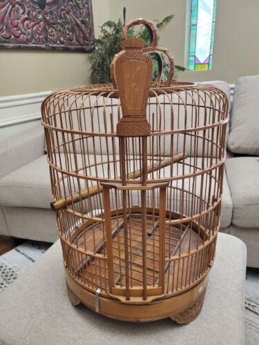 LARGE Vintage Bamboo Birdcage Round Carved Bamboo Wooden Bird Cage