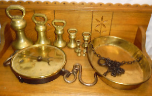 Vintage Brass Salter Hanging Scale & Pan w/ Weights Set Imperial Avoirdupoise