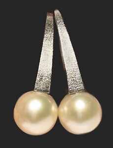 Fantastic 10.5 - 11mm Natural Peach Edison Round Cultured Pearl Dangle Earrings