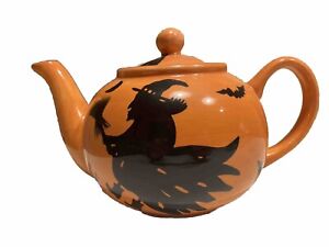 Gates Ware by Laurie Gates Halloween Witch Bats Teapot Orange