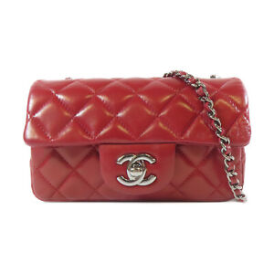 CHANEL Quilted CC SHW Chain Shoulder Crossbody Bag Lambskin Leather Red