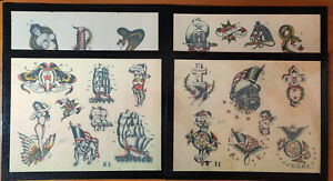 Lot Of 4 Earl Brown Traditional Vintage Style Tattoo Flash Sheets USMC Sailor US