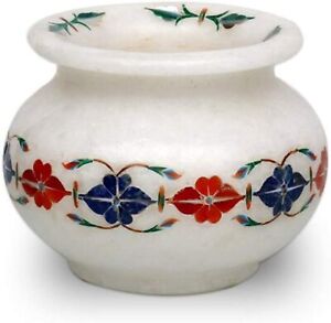 Marble Flower Pot Shiny Gemstoone Inlay Work Indoor Planter with Royal Look