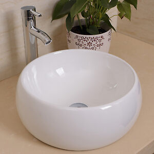 Round Bathroom Ceramic Vessel Sink Bowl w/Chrome Faucet Drain Basin Combo White