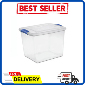 Stackable Plastic Tote Box Storage Containers Bin 27 Quart, Blue Latches