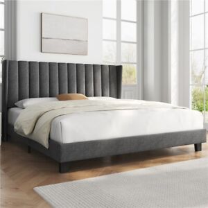 King/Queen/Full Upholstered Platform Bed Frame with Channel Tufted Headboard