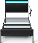 Rolanstar Bed Frame with Charging Station, Twin Bed with LED Lights Headboard, M