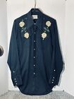 Vintage Tru-West Rockmount Ranch Wear Black Shirt Yellow Roses Embroidered
